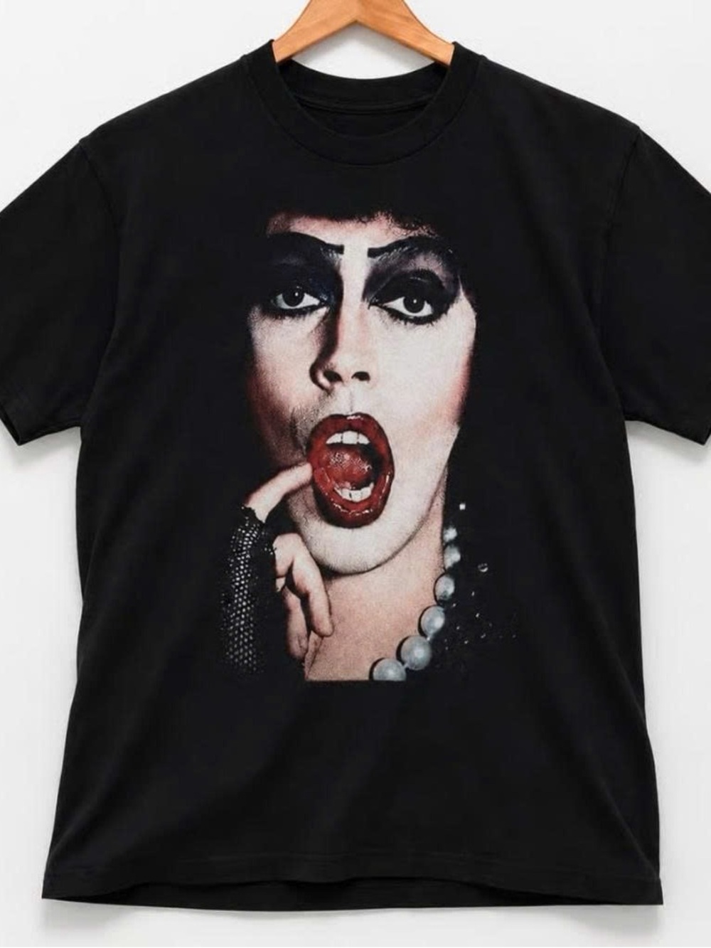 Black Short-Sleeve Tee with Tim Curry Dramatic Portrait and Red Lip Print